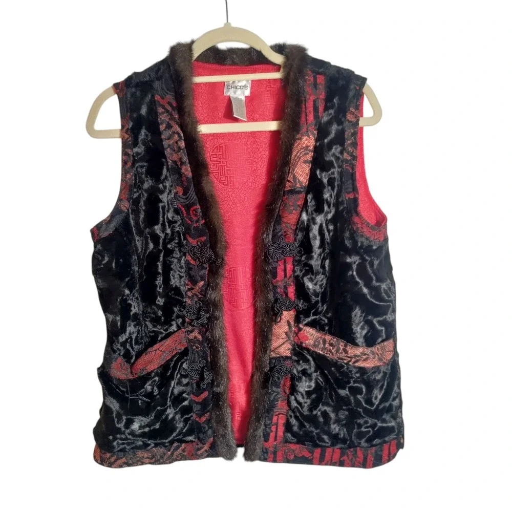 Chicos‎ Vest Womens 1 Medium Black Faux Fur Collar Asian Jacquard Art to Wear
